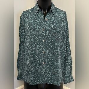 Vintage Nora Noh Woman's Blouse Size M 100% Silk Green Paisley
